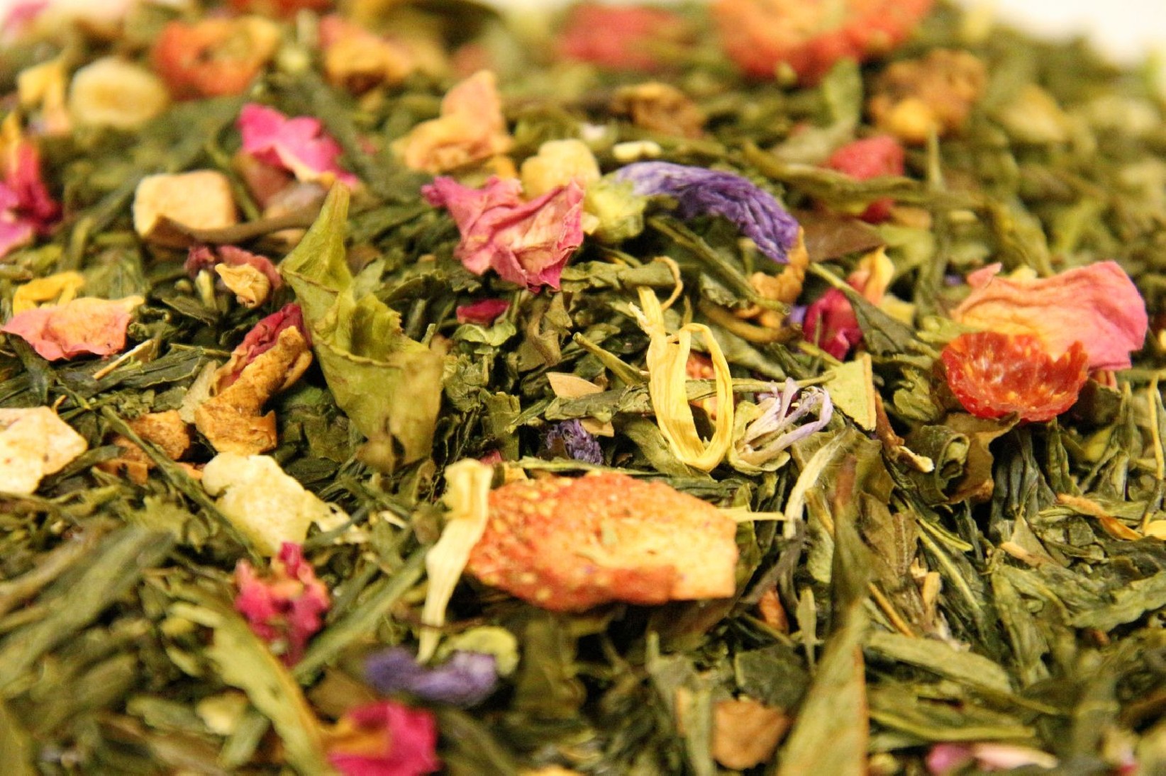 Green and white tea exotic fruit pieces mint rosebuds mallow petals