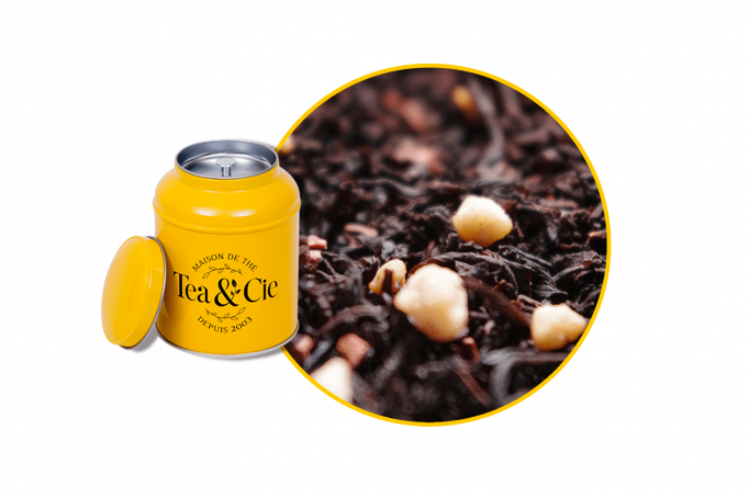 Churchill thé noir aromatisé par Tea & Cie caramel vanille moka cacao best seller disponible en boite jaune de 100g